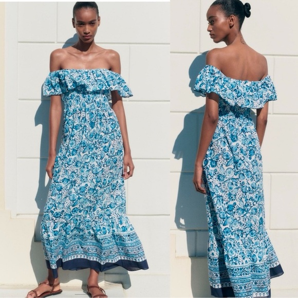 ZARA FLORAL PRINT OFF THE SHOULDER DRESS - Picture 1 of 12